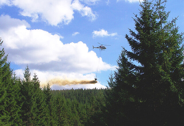 Hubschrauber wirft bei gutem Wetter Kalk über einem Nadelwaldgebiet ab. Unter dem Hubschrauber hängt eine Art Pendel, aus dem der Kalk ausgestreut wird.