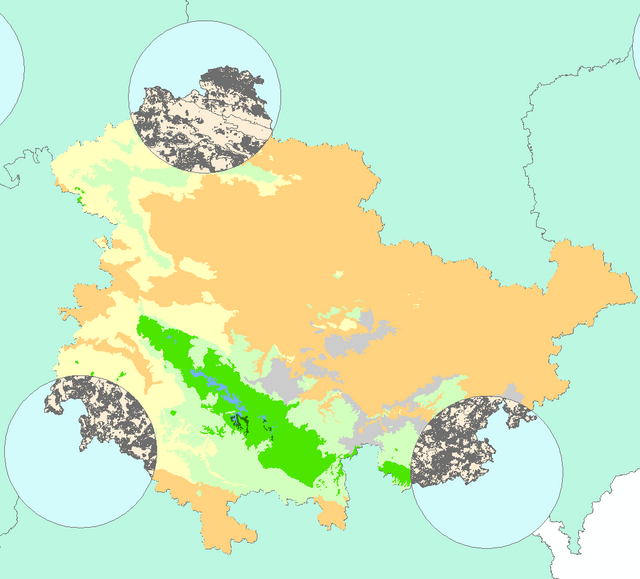 Eine vereinfachte Karte von Thüringen mit farblichen Abstufungen zur Darstellung zukünftiger Klimaprognosen der verschiedenen Landesteile.