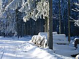 Linkziel: Link zum Beitrag mit dem Thema Holzpolter nur gegen Abrollen durch Wind und Regen gesichert; Bildinhalt: Holzpolter im Winter bei Schnee