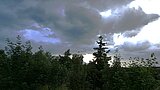 Linkziel: Link zum Beitrag mit dem Thema Sommergewitter; Bildinhalt: Dunkle Wolken verdunkeln ein Waldstück - es sieht nach Regen aus.