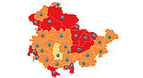 Linkziel: Link zum Beitrag mit dem Thema Waldbrandüberwachung gestartet; Bildinhalt: Karte von Thüringen mit unterschiedlich eingefärbten Regionen, um die Waldbrandgefahrenstufe darzustellen.